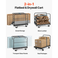 VEVOR Drywall Cart Dolly, 1800 lbs Load Capacity, 2-in-1 Steel Panel Truck Cart with 5 inch Swivel Casters, 36 x 24