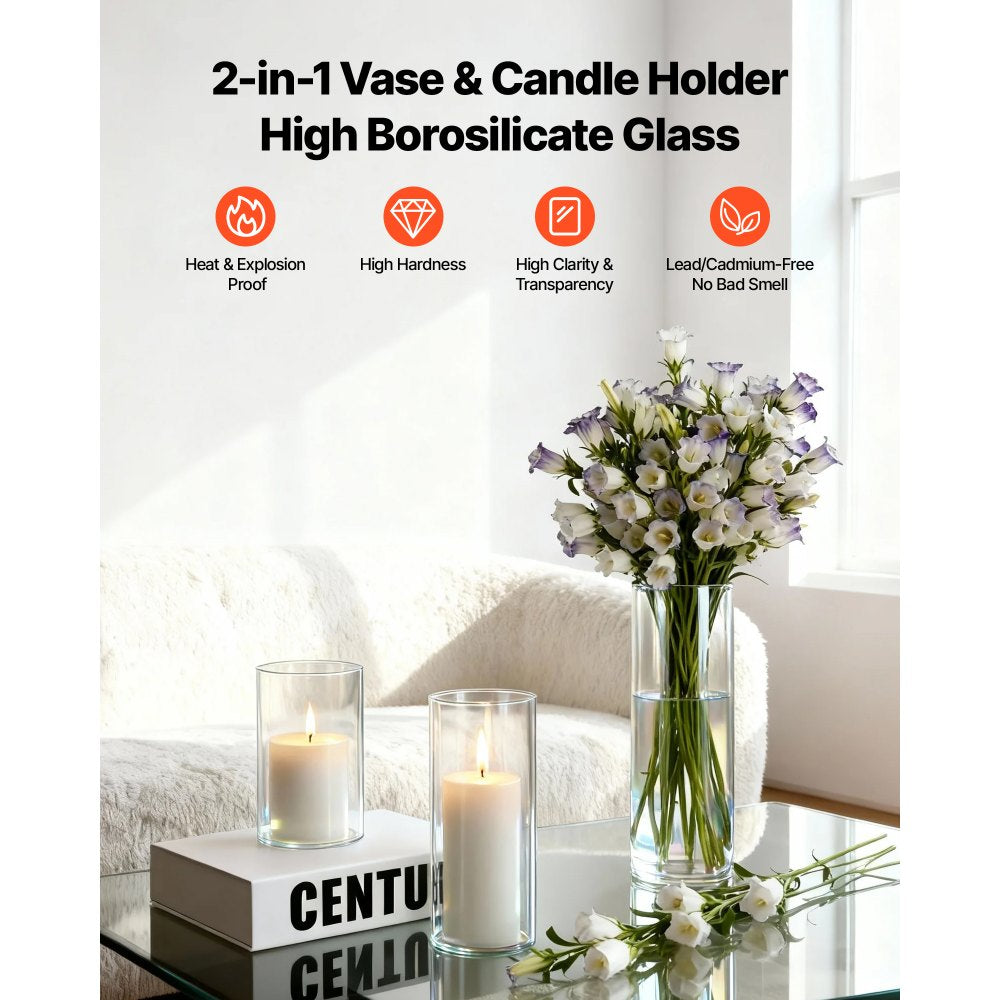 VEVOR Pillar Candles and Glass Vases Set 36 Pcs, Clear Cylinder Hurricane Candle Holders for Wedding Centerpieces, Tall