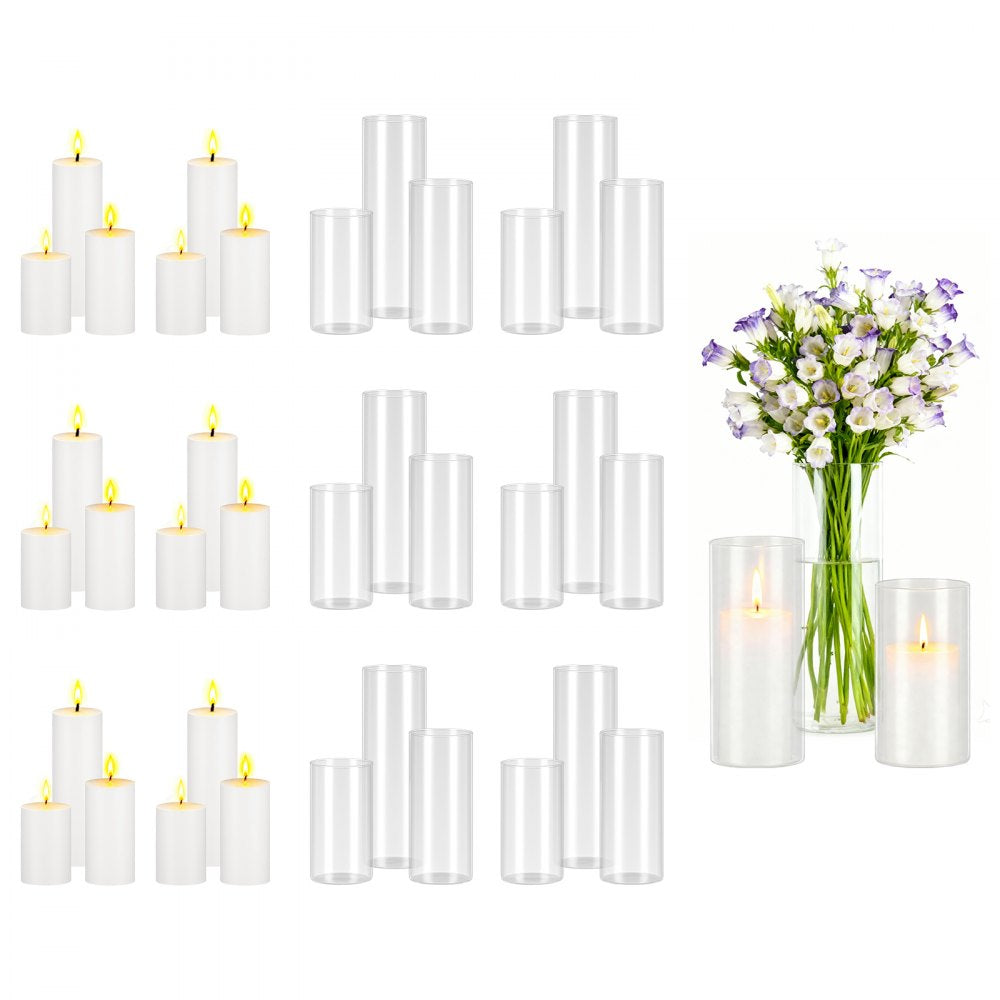 VEVOR Pillar Candles and Glass Vases Set 36 Pcs, Clear Cylinder Hurricane Candle Holders for Wedding Centerpieces, Tall