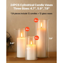 VEVOR Pillar Candles and Glass Vases Set 24 Pcs, Clear Cylinder Hurricane Candle Holders for Wedding Centerpieces, Tall