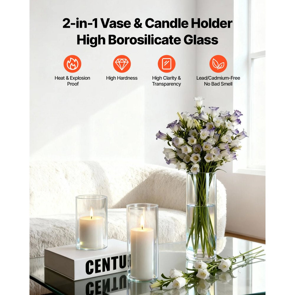 VEVOR Pillar Candles and Glass Vases Set 24 Pcs, Clear Cylinder Hurricane Candle Holders for Wedding Centerpieces, Tall