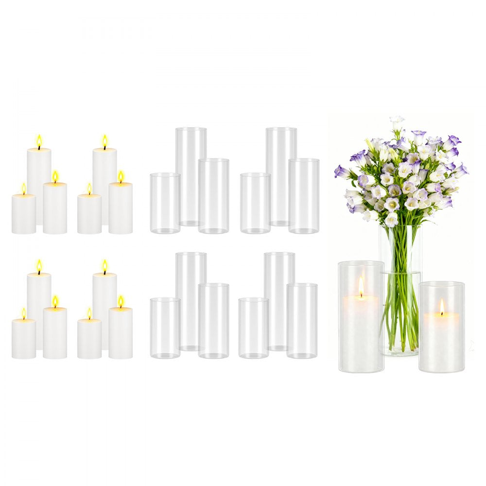 VEVOR Pillar Candles and Glass Vases Set 24 Pcs, Clear Cylinder Hurricane Candle Holders for Wedding Centerpieces, Tall
