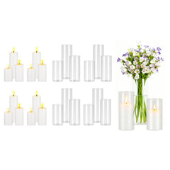 VEVOR Pillar Candles and Glass Vases Set 24 Pcs, Clear Cylinder Hurricane Candle Holders for Wedding Centerpieces, Tall