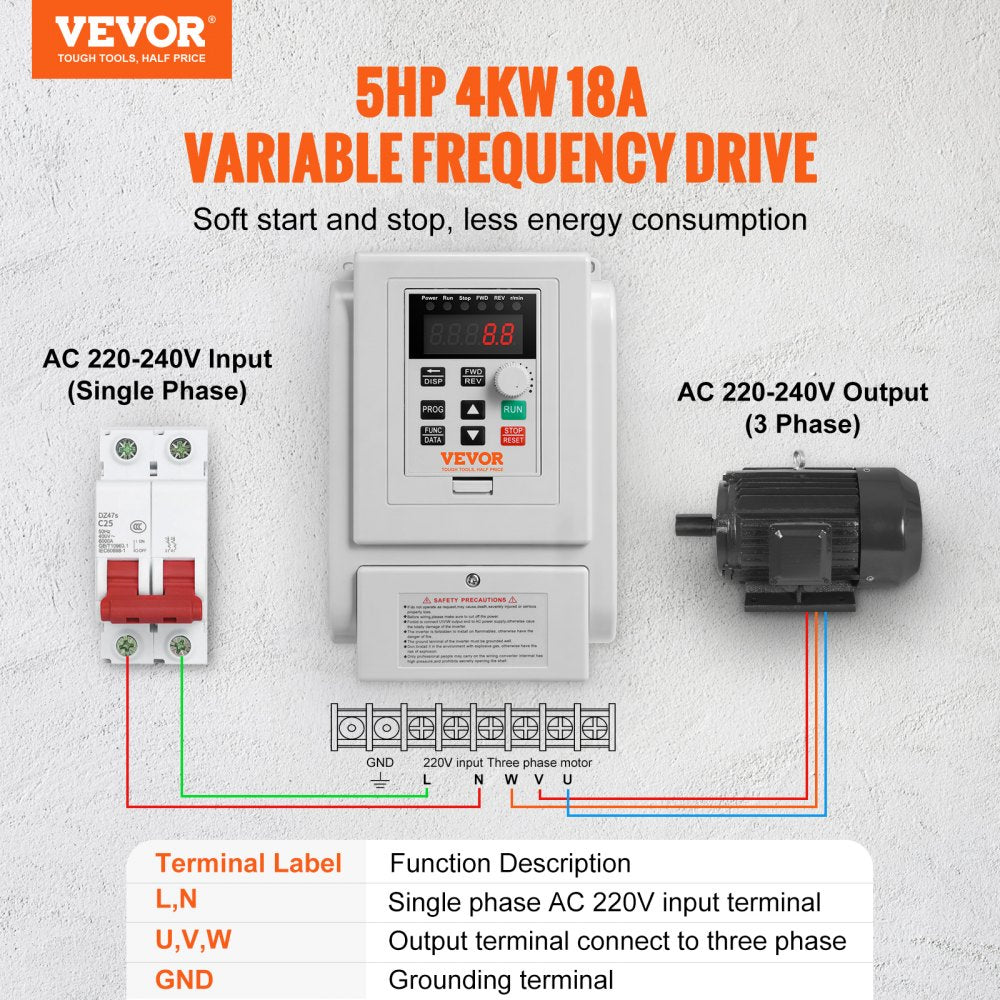 VEVOR VFD 5HP, 4KW, 18A, 1 Phase 220V-240V Input to 3 Phase 220V-240V Output Variable Frequency Drive, 0-400Hz VFD for