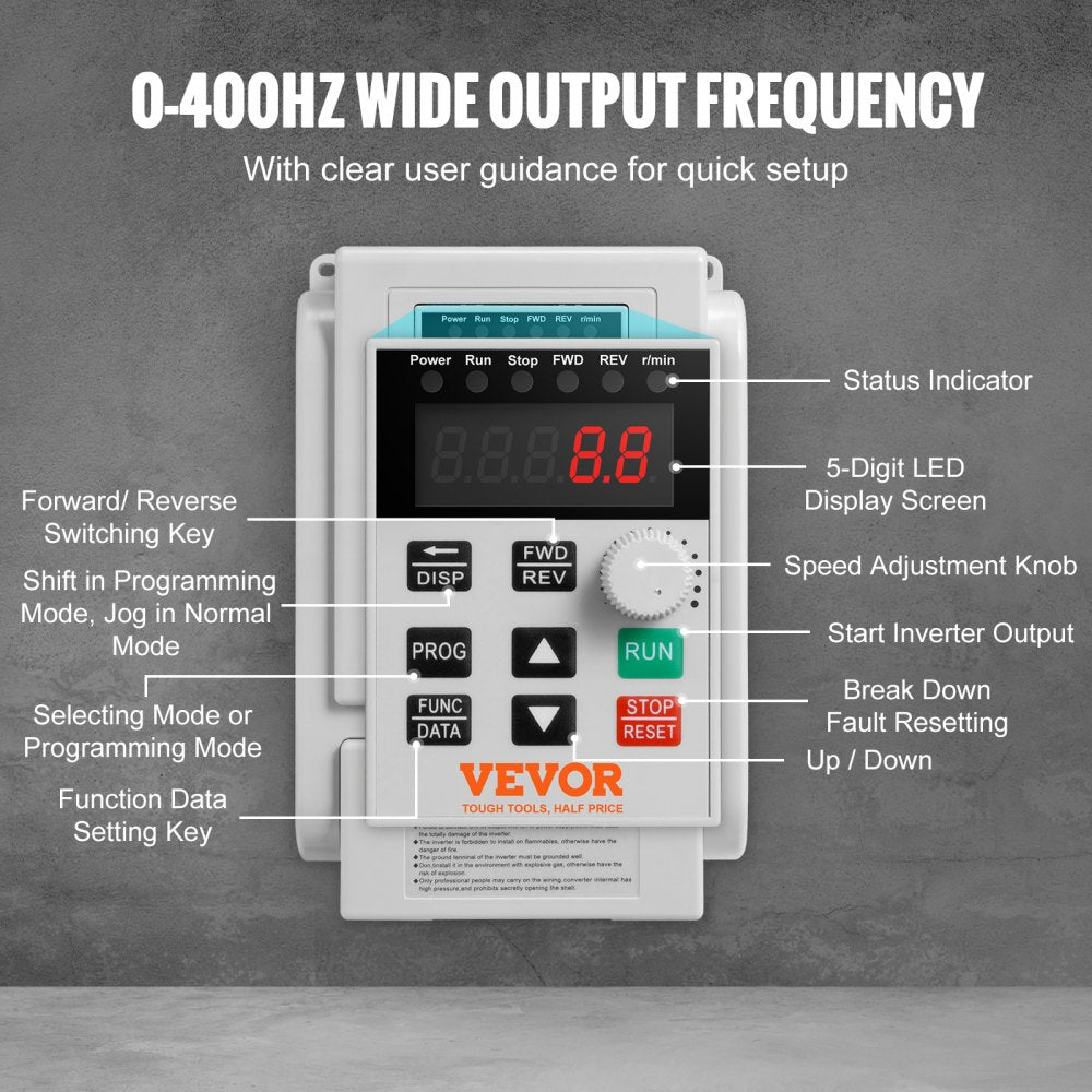 VEVOR VFD 5HP, 4KW, 18A, 1 Phase 220V-240V Input to 3 Phase 220V-240V Output Variable Frequency Drive, 0-400Hz VFD for