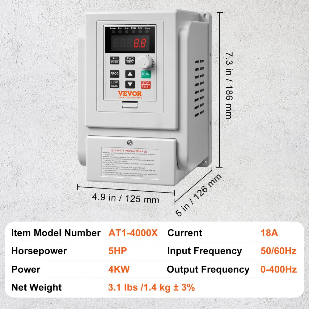 VEVOR VFD 5HP, 4KW, 18A, 1 Phase 220V-240V Input to 3 Phase 220V-240V Output Variable Frequency Drive, 0-400Hz VFD for