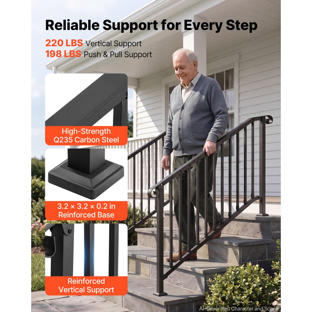 VEVOR Handrails for Outdoor Steps, 3-4 Step 2 Pack Stair Hand Rail Kit, Black Retro Arch Stair Rails for Seniors