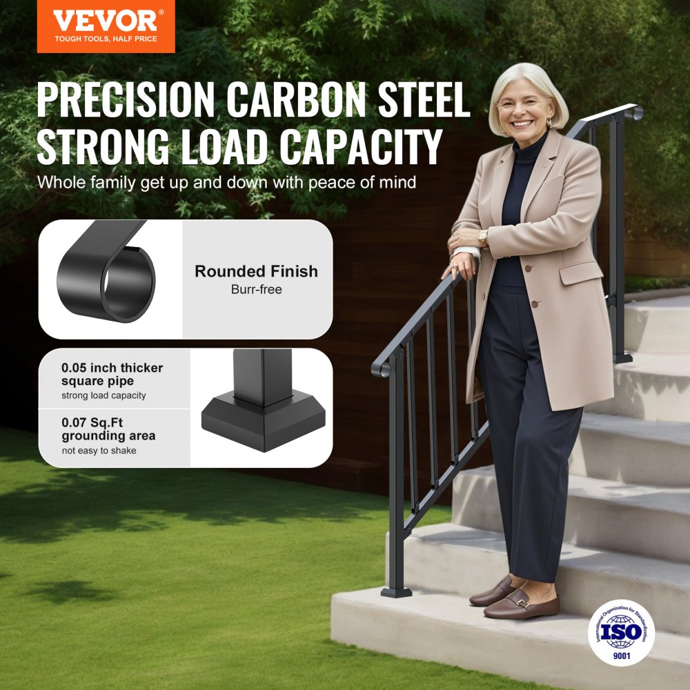 VEVOR Handrails for Outdoor Steps, 5 Step Stair Hand Rail Kit, Transitional Carbon Steel Railings with Installation