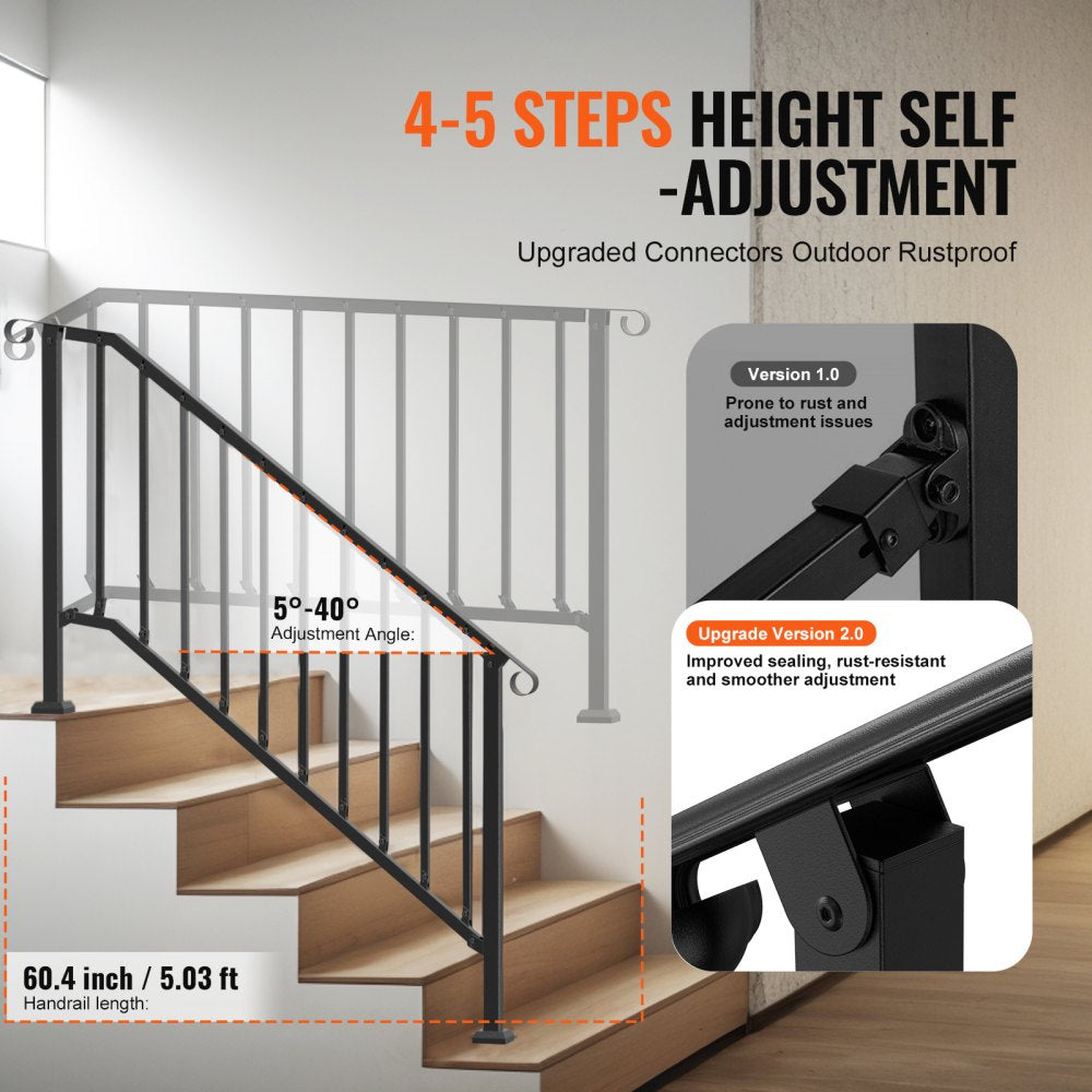 VEVOR Handrails for Outdoor Steps, 5 Step Stair Hand Rail Kit, Transitional Carbon Steel Railings with Installation