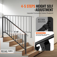VEVOR Handrails for Outdoor Steps, 5 Step Stair Hand Rail Kit, Transitional Carbon Steel Railings with Installation