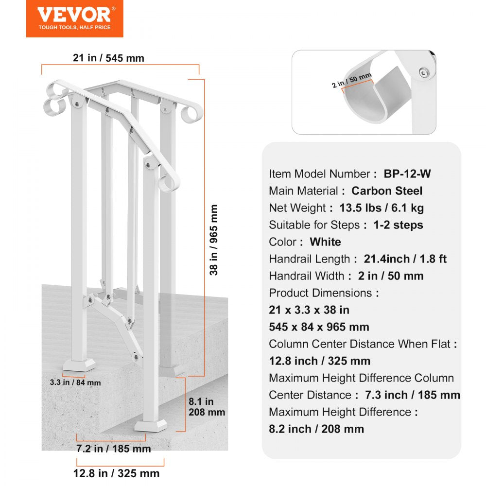 VEVOR Handrails for Outdoor Steps, 1-2 Step Stair Hand Rail Kit, Transitional Carbon Steel Railings with Installation