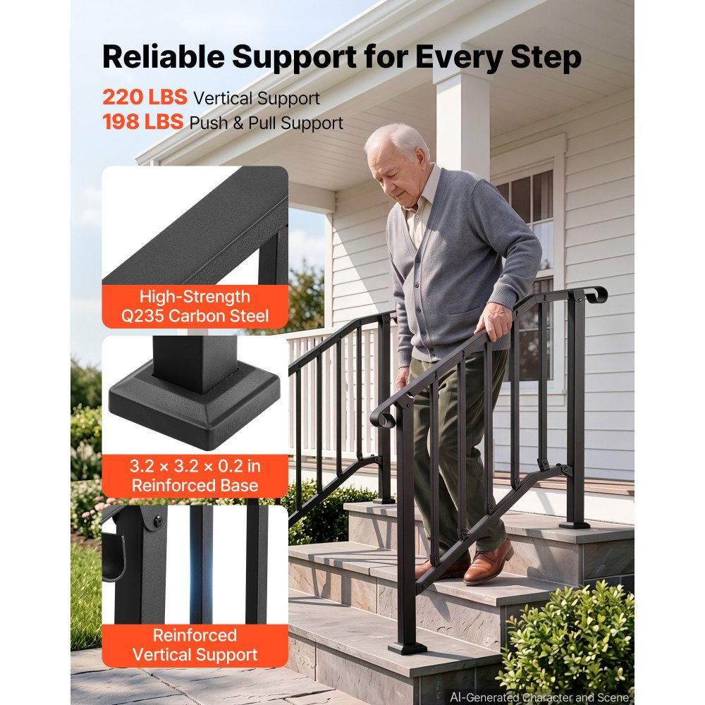 VEVOR Handrails for Outdoor Steps, 2-3 Step 2 Pack Stair Hand Rail Kit, Black Retro Arch Stair Rails for Seniors