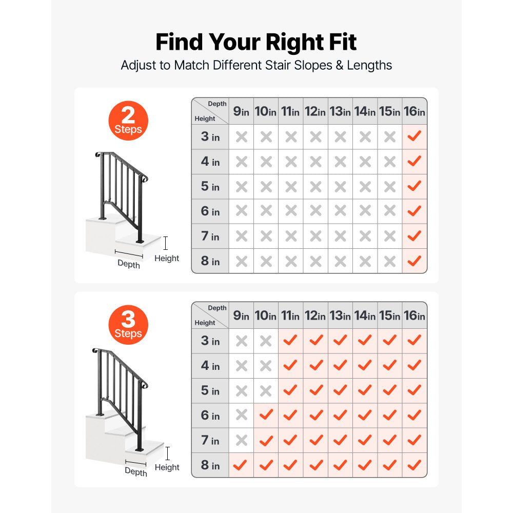 VEVOR Handrails for Outdoor Steps, 2-3 Step 2 Pack Stair Hand Rail Kit, Black Retro Arch Stair Rails for Seniors