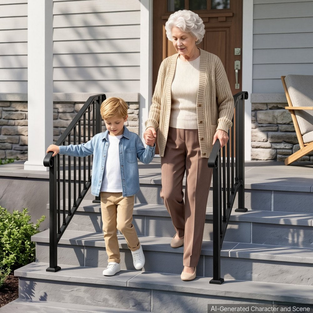 VEVOR Handrails for Outdoor Steps, 2-3 Step 2 Pack Stair Hand Rail Kit, Black Retro Arch Stair Rails for Seniors