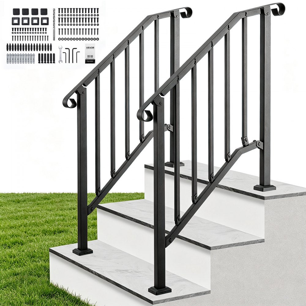VEVOR Handrails for Outdoor Steps, 2-3 Step 2 Pack Stair Hand Rail Kit, Black Retro Arch Stair Rails for Seniors