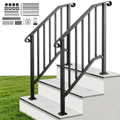 VEVOR Handrails for Outdoor Steps, 2-3 Step 2 Pack Stair Hand Rail Kit, Black Retro Arch Stair Rails for Seniors