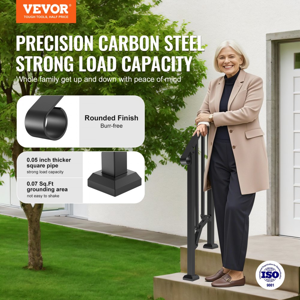VEVOR Handrails for Outdoor Steps, 1-2 Step Stair Hand Rail Kit, Transitional Carbon Steel Railings with Installation