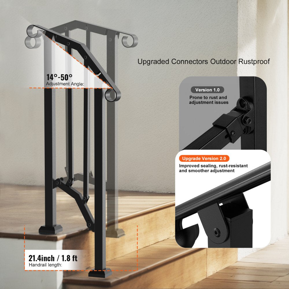 VEVOR Handrails for Outdoor Steps, 1-2 Step Stair Hand Rail Kit, Transitional Carbon Steel Railings with Installation