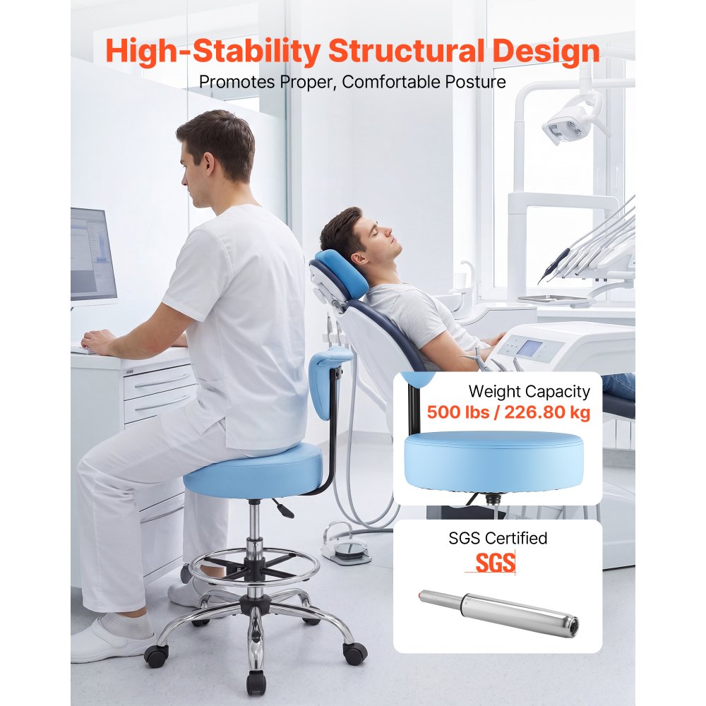 VEVOR Rolling Stool with Back Support, 500 lbs Weight Capacity, Height Adjustable, Thick Cushion Ergonomic PU Leather