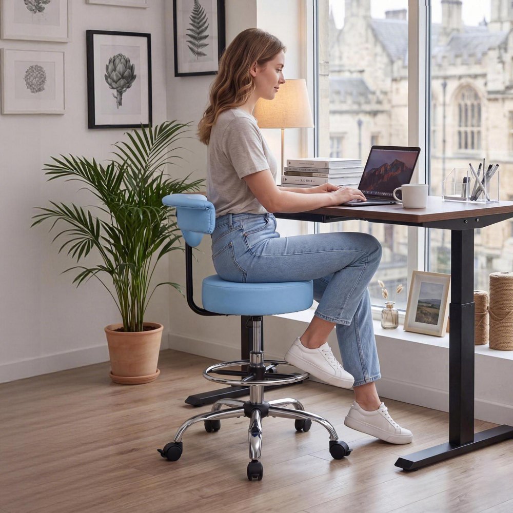 VEVOR Rolling Stool with Back Support, 500 lbs Weight Capacity, Height Adjustable, Thick Cushion Ergonomic PU Leather