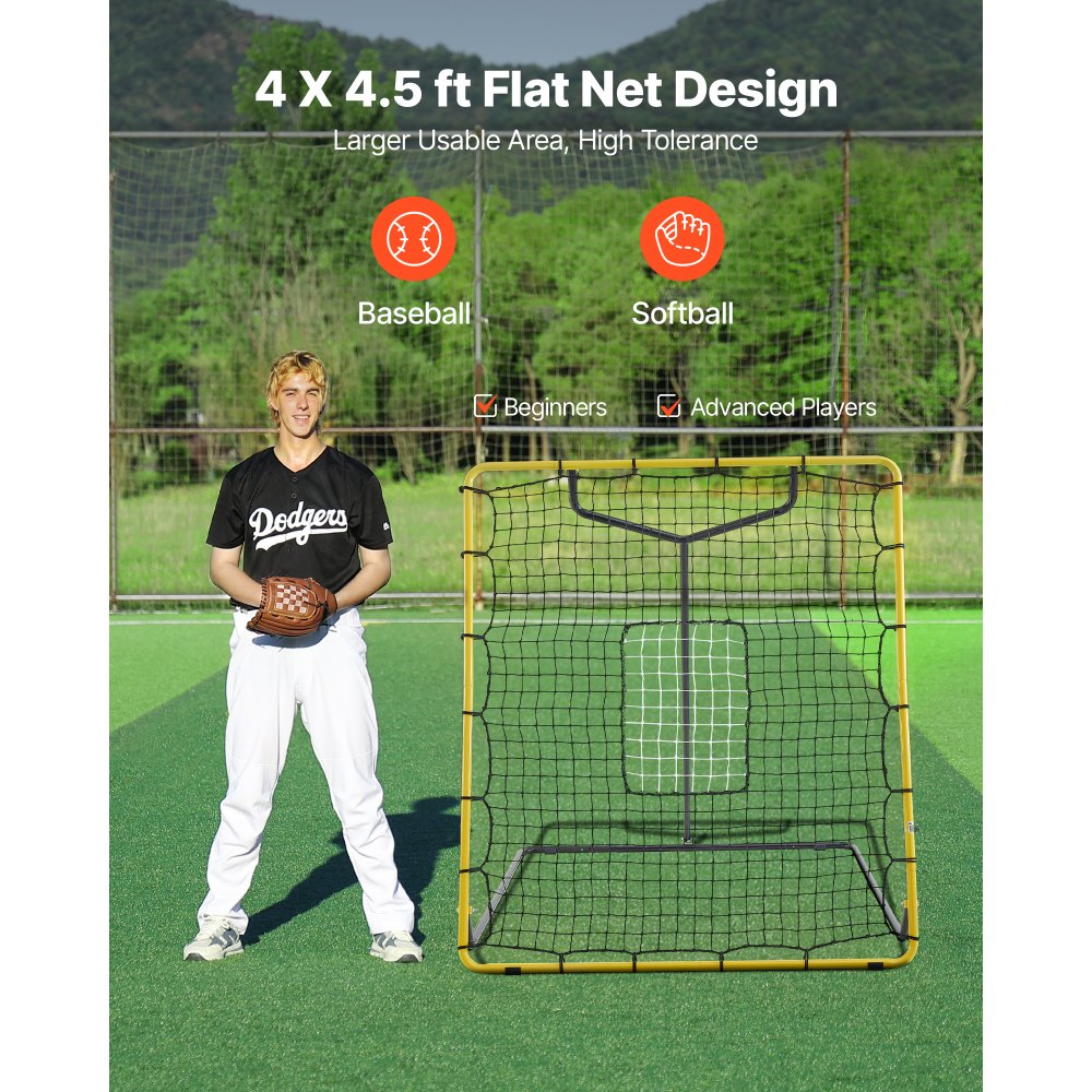 VEVOR Baseball Softball Rebounder Net 4 x 4.5 ft Pitch Back Trainer Target, 4 Adjustable Angles with Strike Zone, Steel