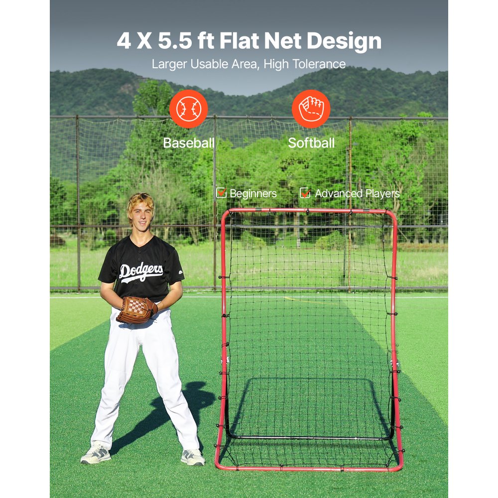 VEVOR Baseball Softball Rebounder Net 4 x 5.5 ft Pitch Back Trainer, 5 Adjustable Angles, Heavy-duty Steel Frame, All