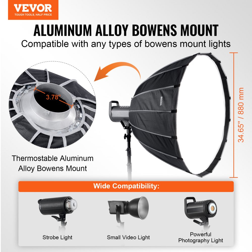 VEVOR Parabolic Softbox, 33 in / 850 mm, Quick Release and Quick Fold, Lightweight and Portable, Universal Bowens
