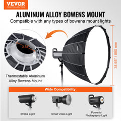 VEVOR Parabolic Softbox, 33 in / 850 mm, Quick Release and Quick Fold, Lightweight and Portable, Universal Bowens