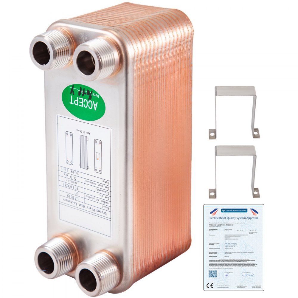 VEVOR Heat Exchanger 3"x7.5" 30 Plates Brazed Plate Heat Exchanger 316L 3/4" MPT Heat Exchanger B12-30 Beer Wort