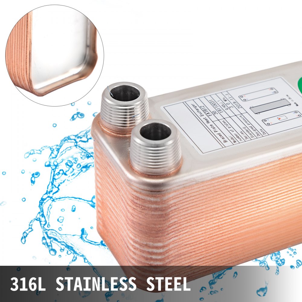 VEVOR Heat Exchanger 3"x7.5" 30 Plates Brazed Plate Heat Exchanger 316L 3/4" MPT Heat Exchanger B12-30 Beer Wort