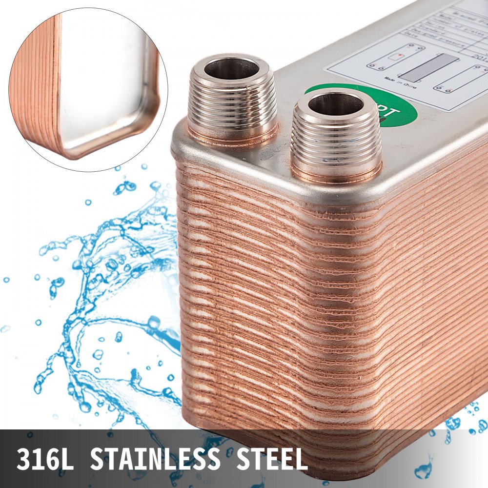 VEVOR Heat Exchanger 3"x7.5" 40 Plates Brazed Plate Heat Exchanger 316L 3/4" MPT Heat Exchanger B3-12A Beer Wort