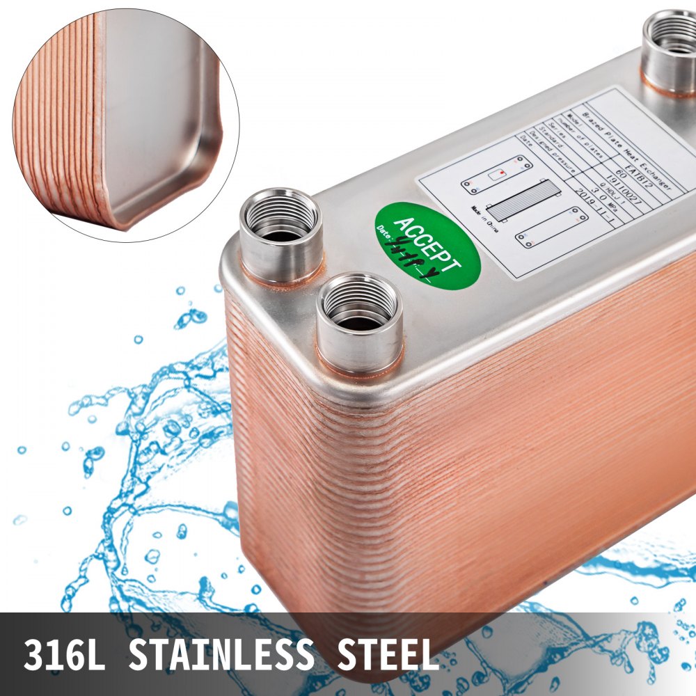 VEVOR Heat Exchanger 3"x7.5" 60 Plates Brazed Plate Heat Exchanger 316L 1/2" BSP FPT Heat Exchanger EATB12 Beer Wort