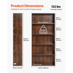 VEVOR 5 Tiers Narrow Bookshelf, 53 in Wooden Open Bookcase with Height-Adjustable Shelf, Freestanding Tall Display