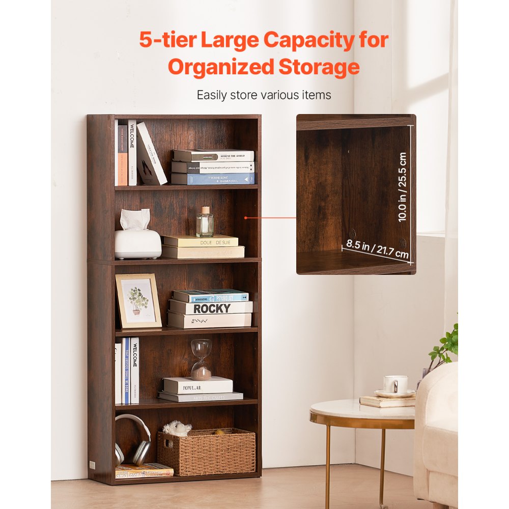 VEVOR 5 Tiers Narrow Bookshelf, 53 in Wooden Open Bookcase with Height-Adjustable Shelf, Freestanding Tall Display