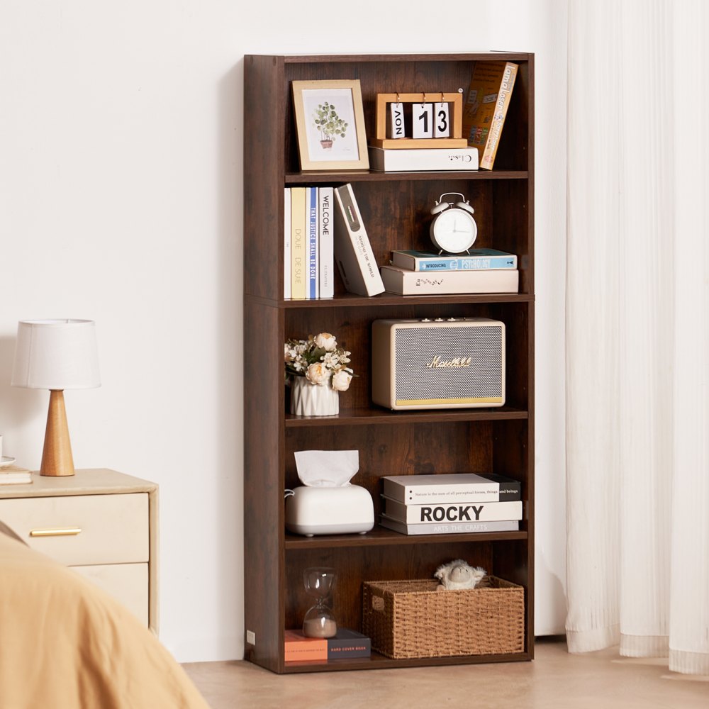 VEVOR 5 Tiers Narrow Bookshelf, 53 in Wooden Open Bookcase with Height-Adjustable Shelf, Freestanding Tall Display