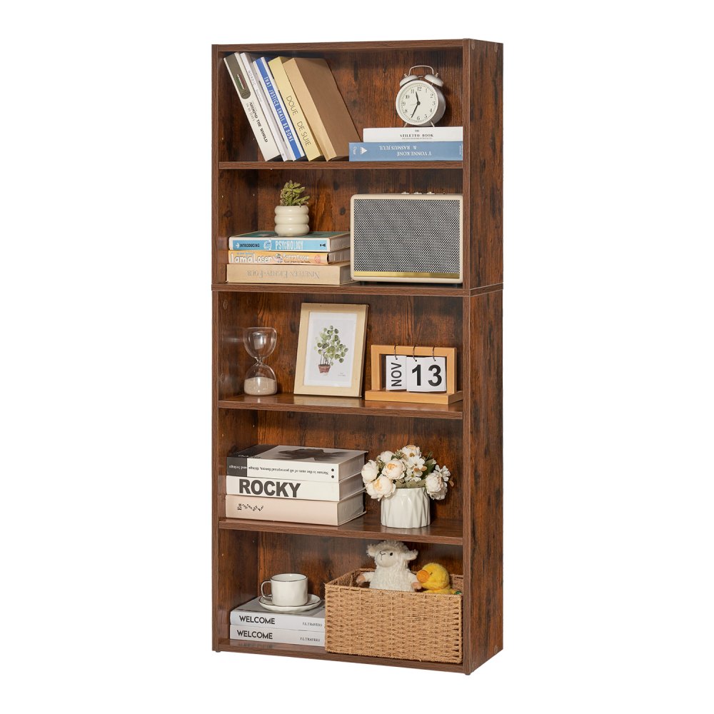 VEVOR 5 Tiers Narrow Bookshelf, 53 in Wooden Open Bookcase with Height-Adjustable Shelf, Freestanding Tall Display