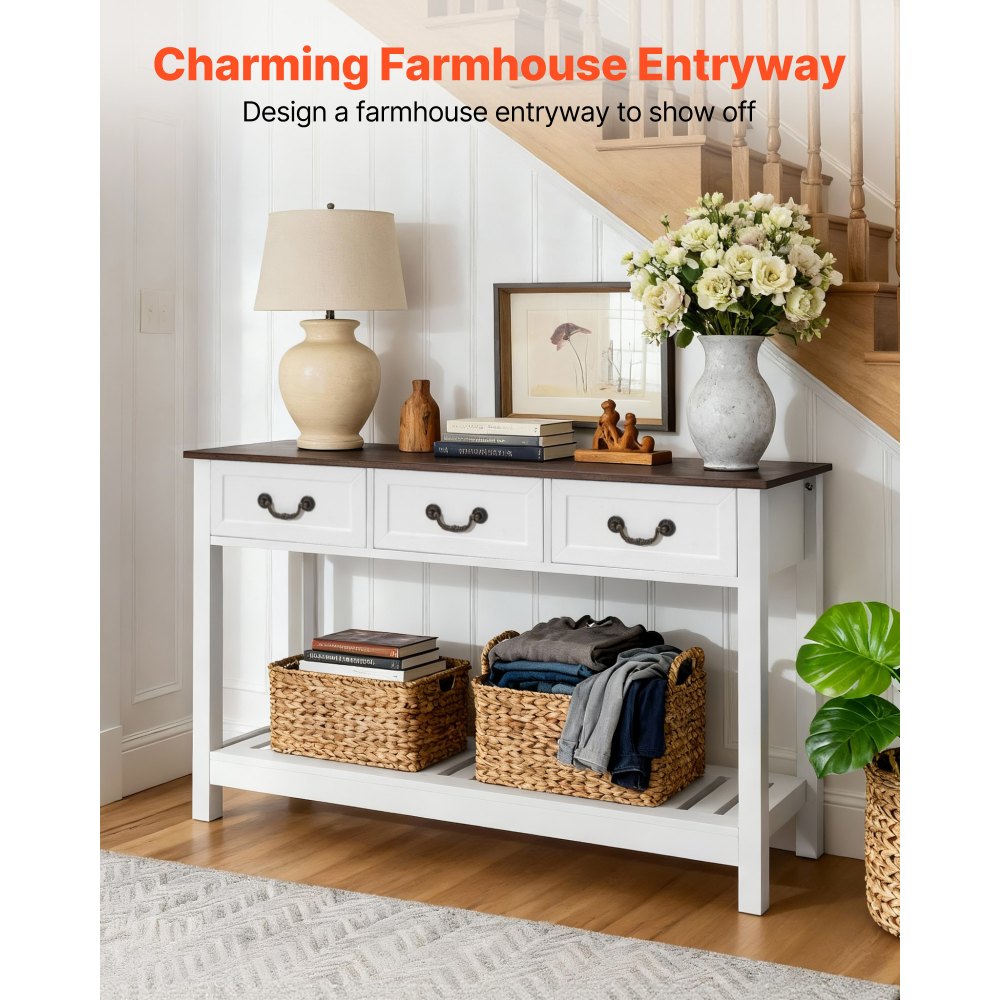 VEVOR 47 in Console Table, Farmhouse Desk Behind the Couch with Drawers and Bottom Storage Shelf, Wooden Rectangle