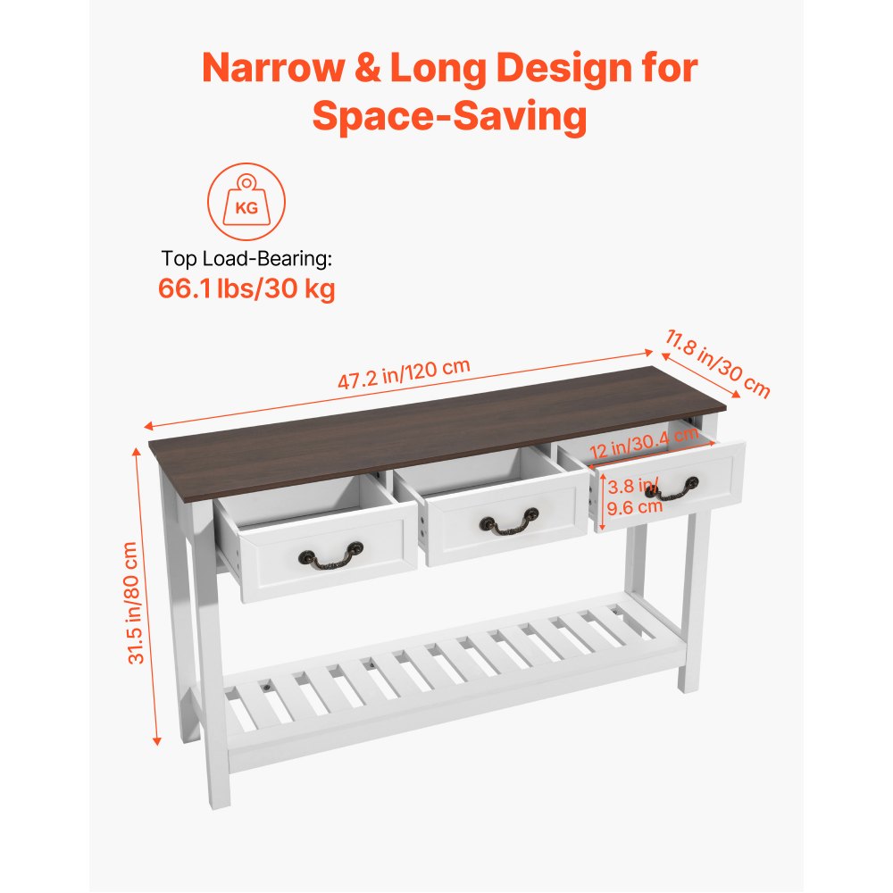 VEVOR 47 in Console Table, Farmhouse Desk Behind the Couch with Drawers and Bottom Storage Shelf, Wooden Rectangle