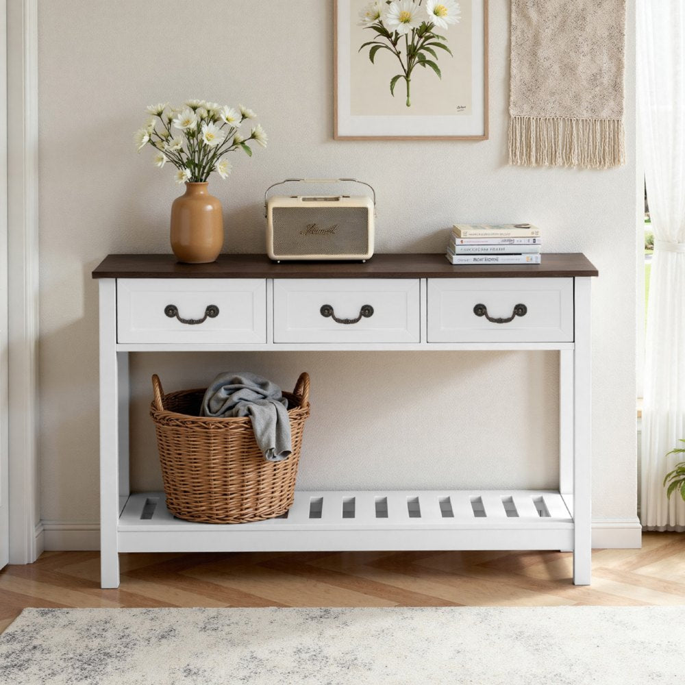 VEVOR 47 in Console Table, Farmhouse Desk Behind the Couch with Drawers and Bottom Storage Shelf, Wooden Rectangle
