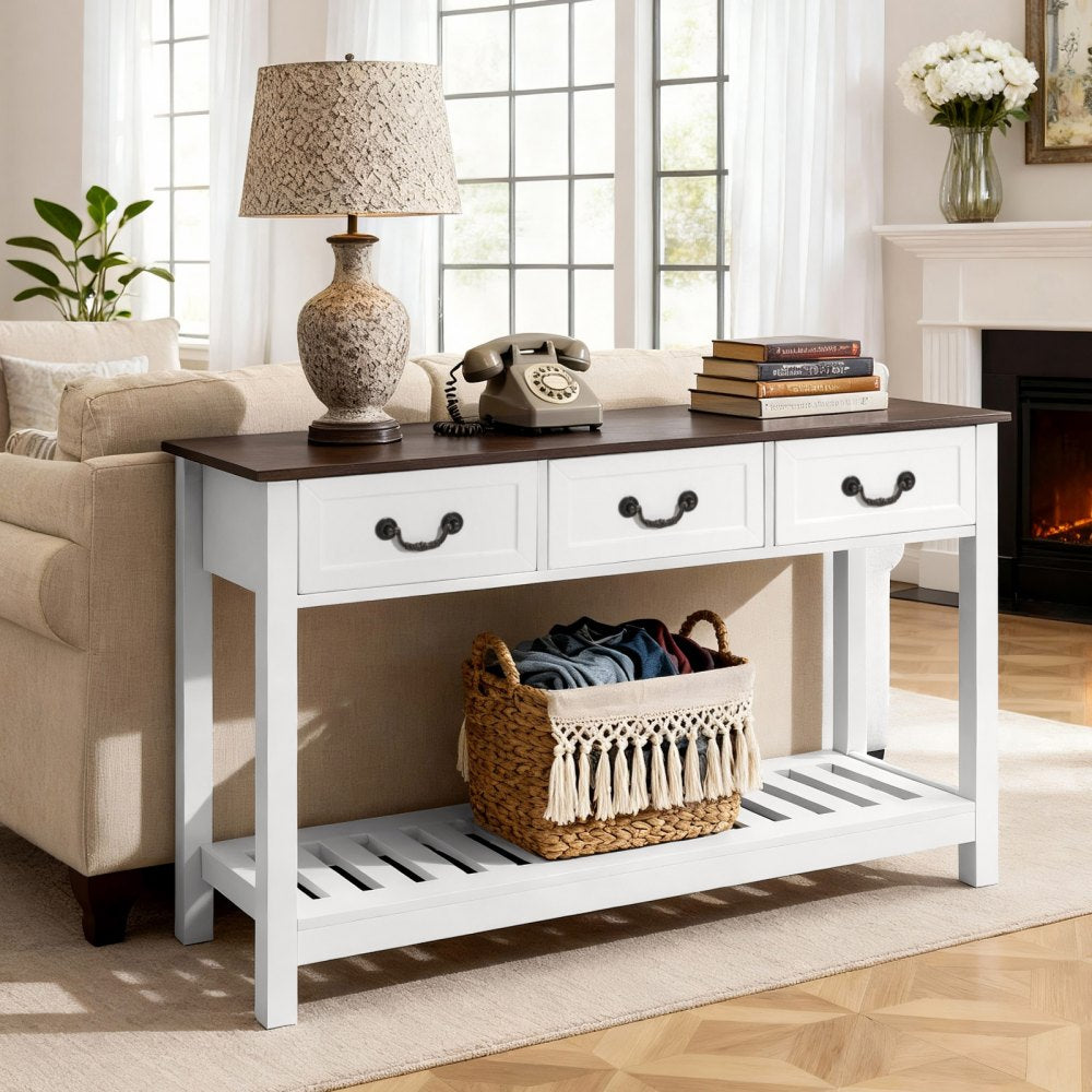 VEVOR 47 in Console Table, Farmhouse Desk Behind the Couch with Drawers and Bottom Storage Shelf, Wooden Rectangle