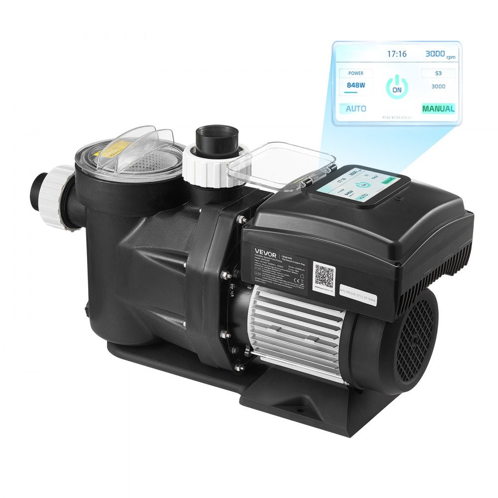 VEVOR Variable Speed Pool Pump, 1.5 HP, AC 220-240V, 115 GPM, In/Above Swimming Pool Pump with Filter Basket, Powerful