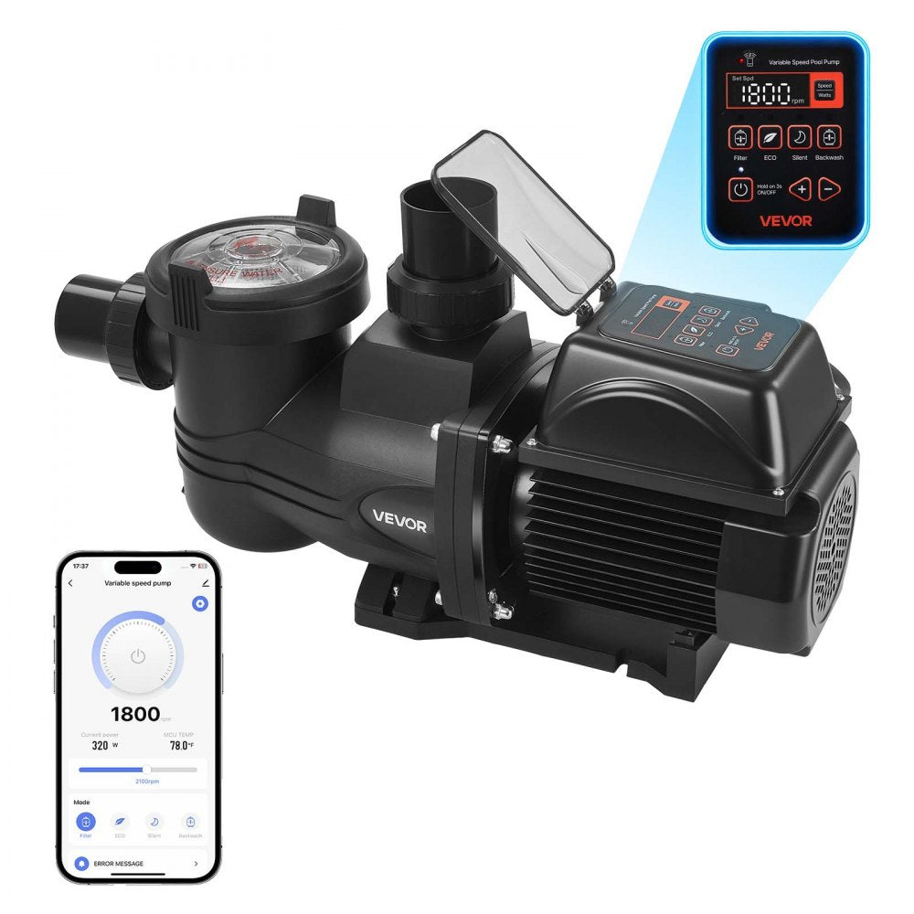 VEVOR Variable Speed Pool Pump, 2 HP, AC 220-240V, 145 GPM, In/Above Swimming Pool Pump with Filter Basket, Powerful