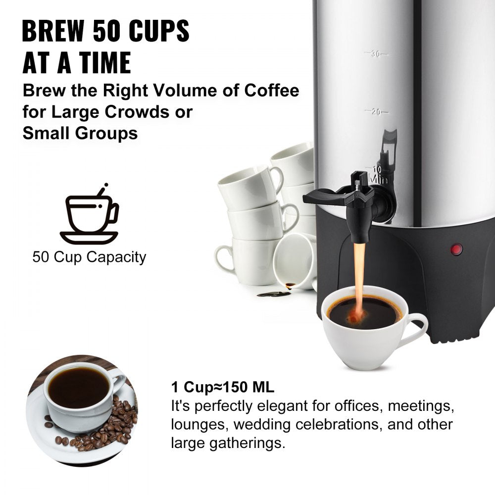 VEVOR Commercial Coffee Urn, 50 Cups Stainless Steel Large Coffee Dispenser, 1000W 110V Electric Coffee Maker Urn For