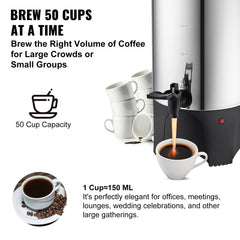 VEVOR Commercial Coffee Urn, 50 Cups Stainless Steel Large Coffee Dispenser, 1000W 110V Electric Coffee Maker Urn For