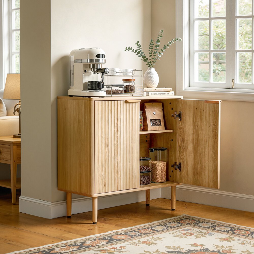 VEVOR Coffee Bar Cabinet, Mid Century Fluted Coffee Bar Table with 2-Tier Storage, Buffet Stand Cabinet with 2 Barn