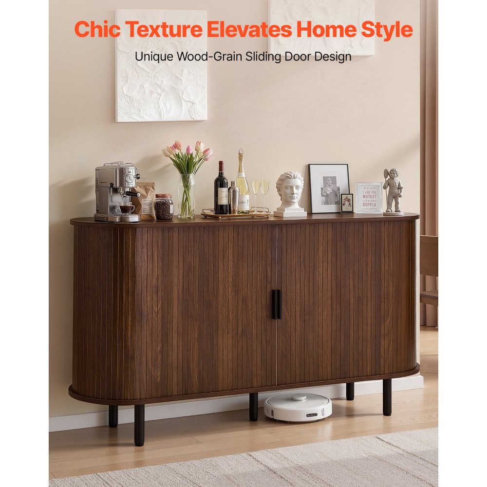 VEVOR Coffee Bar Cabinet, Mid Century Fluted Coffee Bar Table, Buffet Stand Cabinet with 2 Sliding Doors, Sideboard