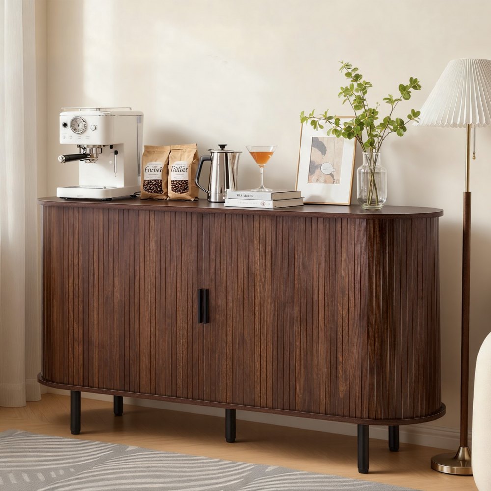 VEVOR Coffee Bar Cabinet, Mid Century Fluted Coffee Bar Table, Buffet Stand Cabinet with 2 Sliding Doors, Sideboard