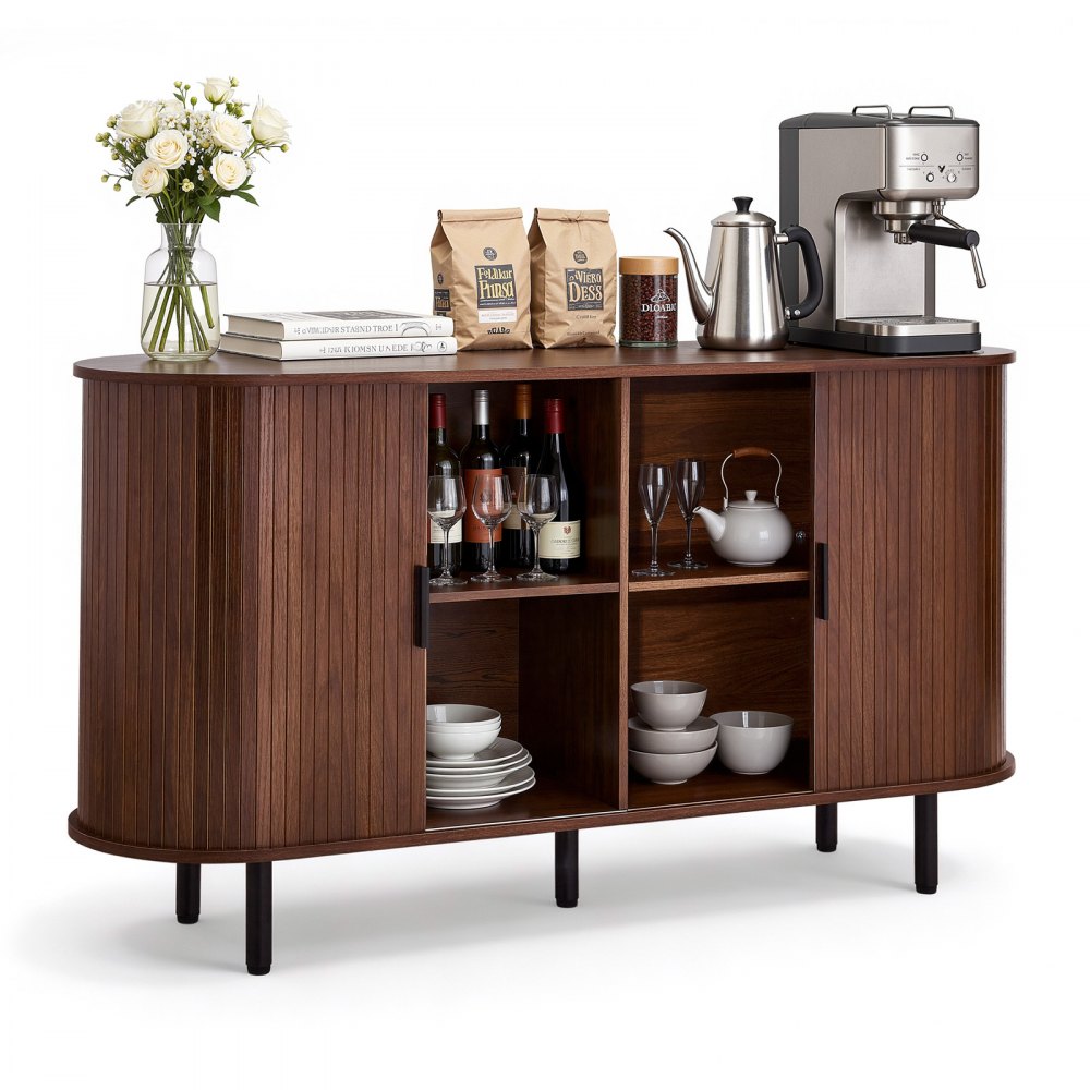 VEVOR Coffee Bar Cabinet, Mid Century Fluted Coffee Bar Table, Buffet Stand Cabinet with 2 Sliding Doors, Sideboard