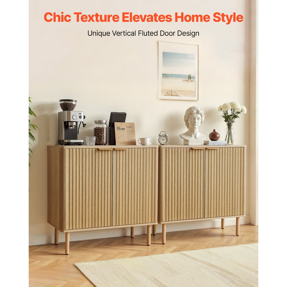 VEVOR Coffee Bar Cabinet, Mid Century Fluted Coffee Bar Table with 2-Tier Storage, Buffet Stand Cabinet with 4 Barn