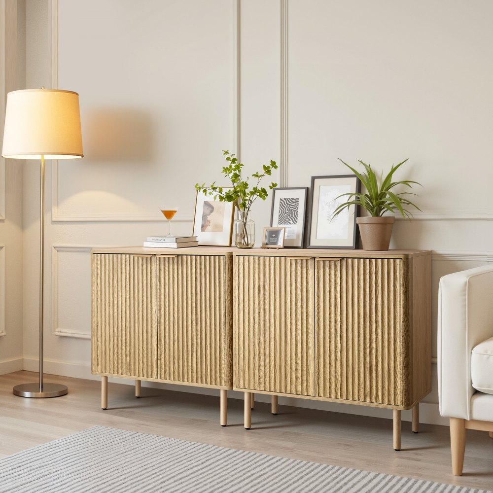 VEVOR Coffee Bar Cabinet, Mid Century Fluted Coffee Bar Table with 2-Tier Storage, Buffet Stand Cabinet with 4 Barn
